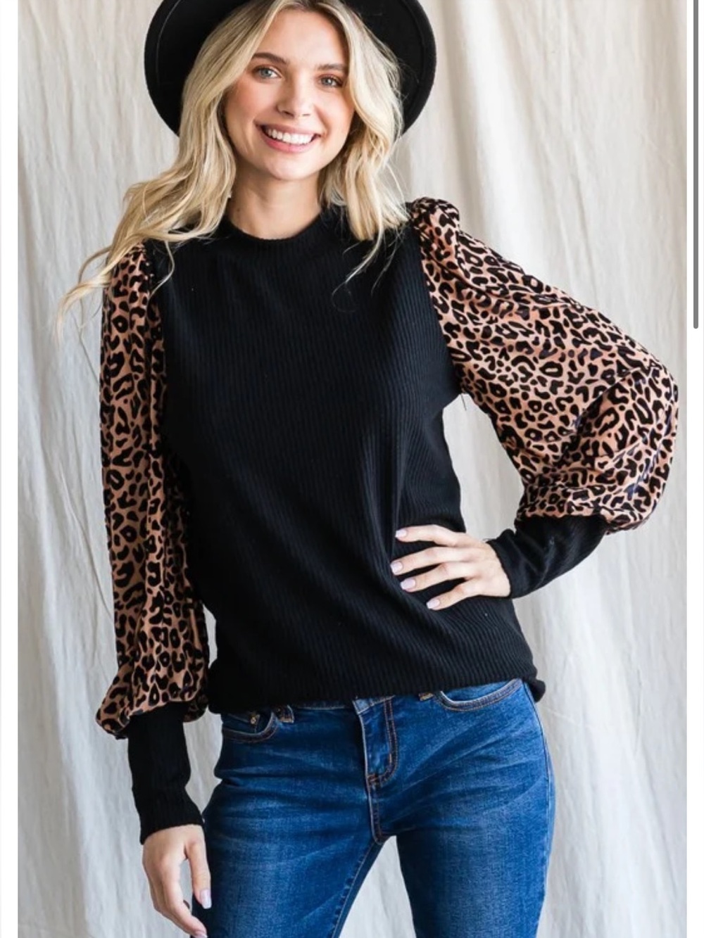 Jodifl Black Ribbed Leopard Print Long Sleeve Top Size Medium